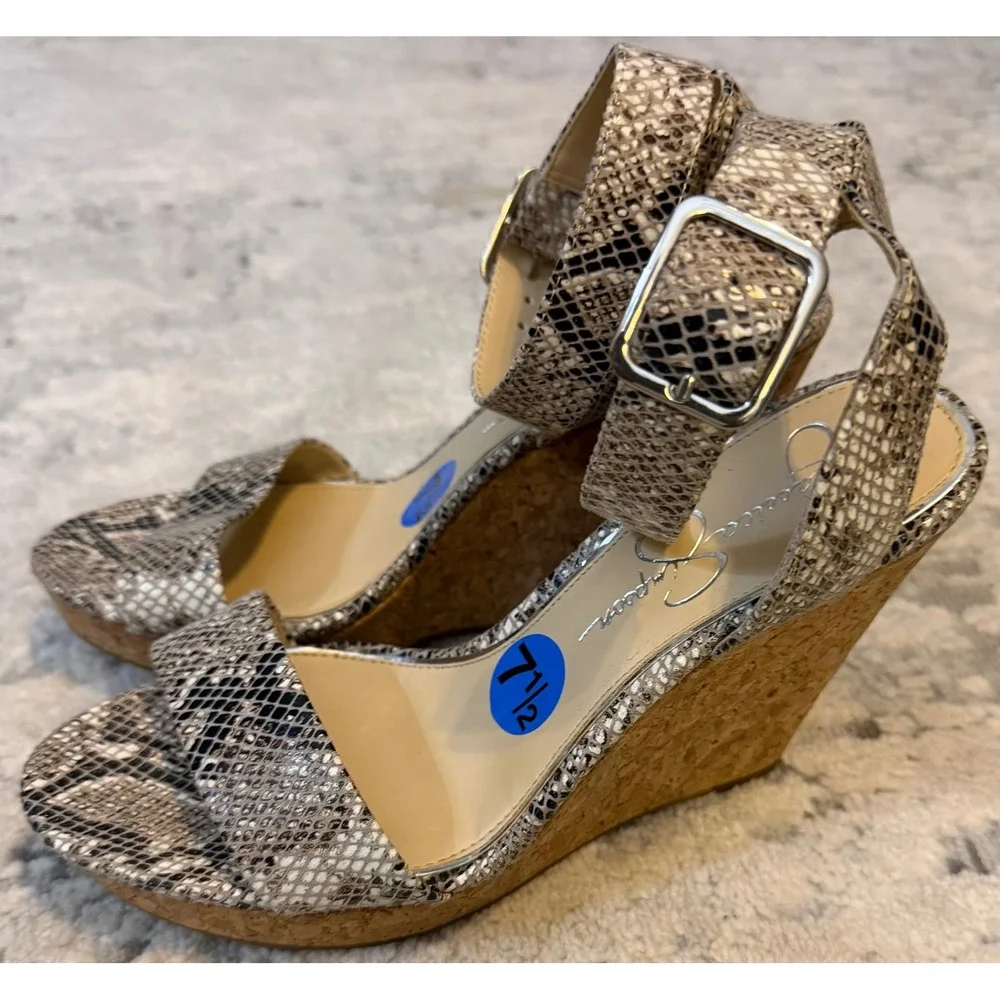 Jessica Simpson Snakeskin Cork Wedge Sandals Grey Black Ankle Strap‎ Size 7.5M